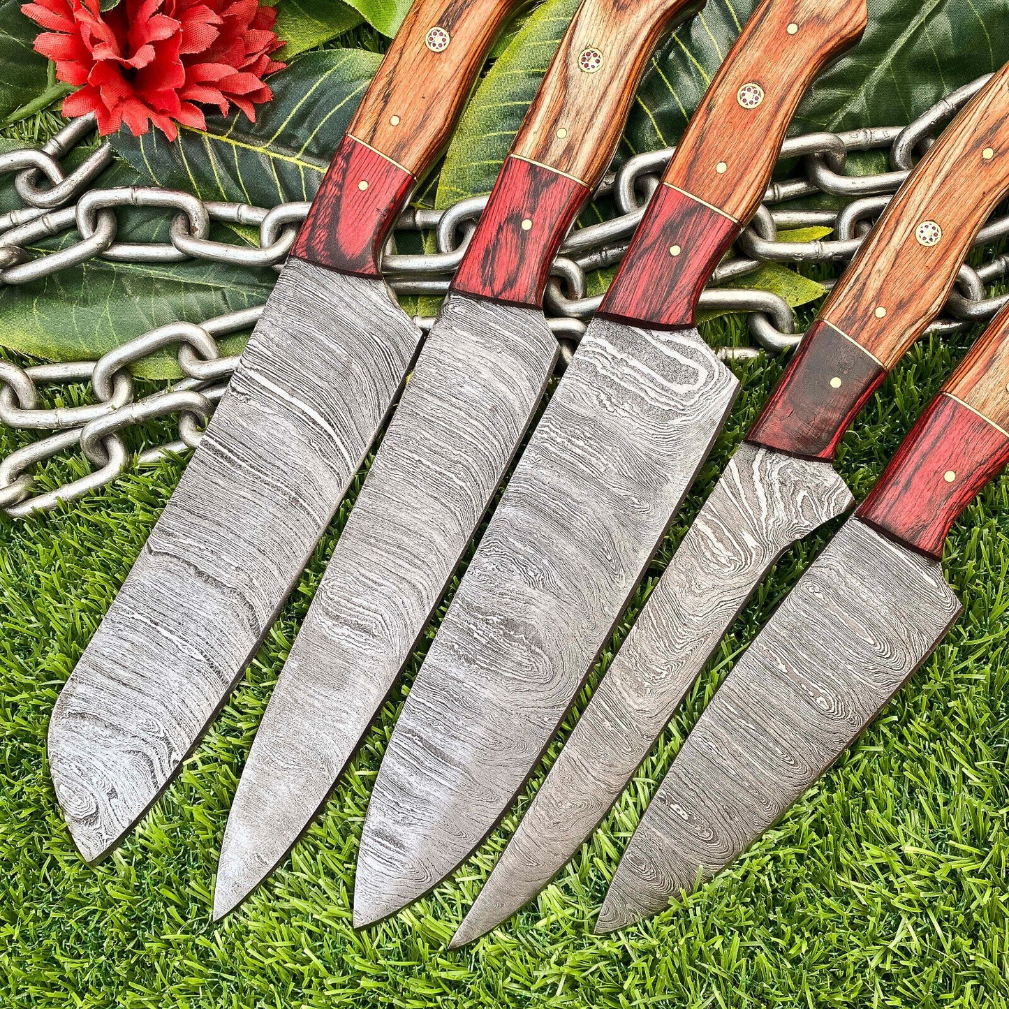 Lot of 5 Handmade Damascus Steel Full Tang Chef Knife Set – Premium Hardwood Handle
