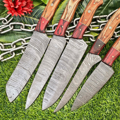 Lot of 5 Handmade Damascus Steel Full Tang Chef Knife Set – Premium Hardwood Handle