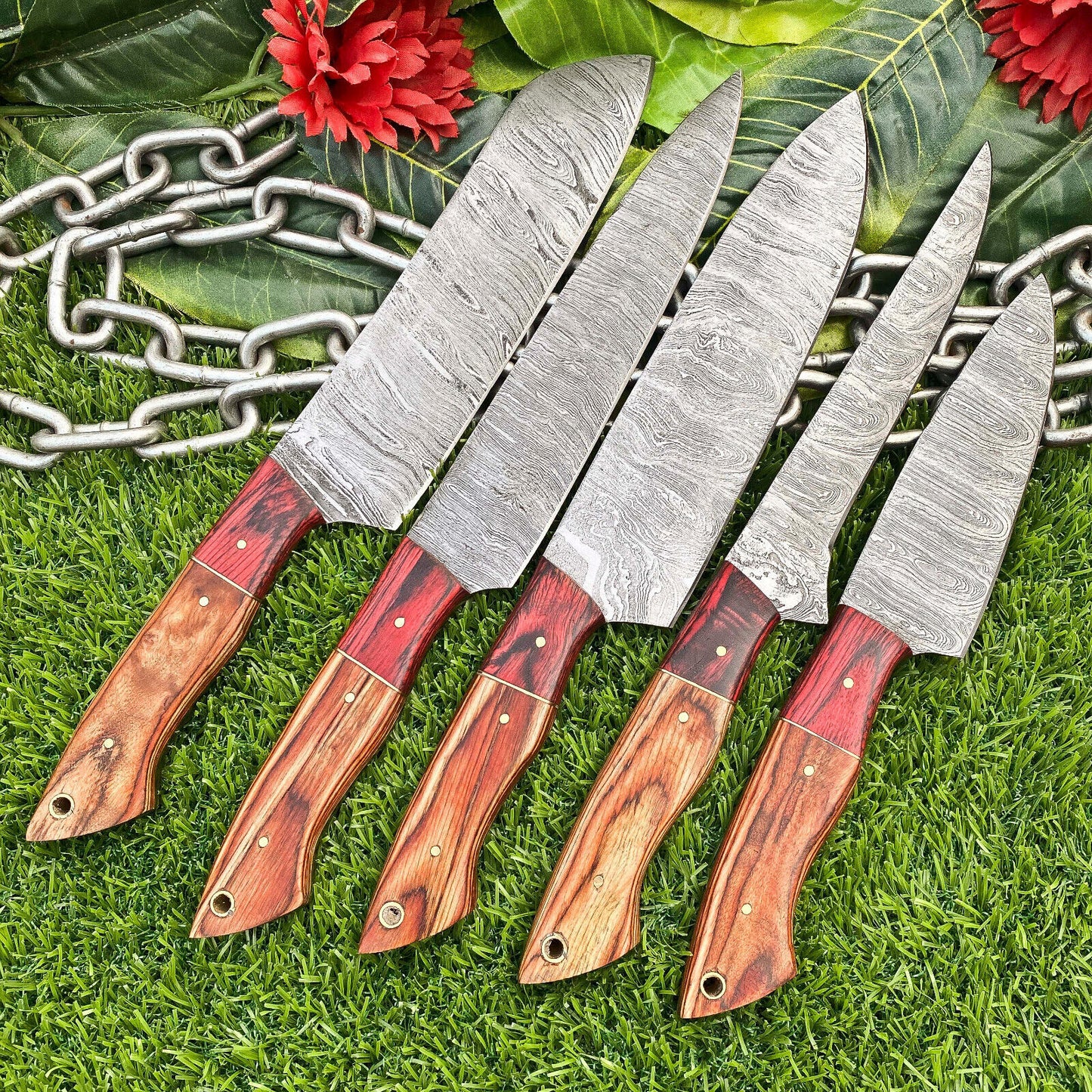 Lot of 5 Handmade Damascus Steel Full Tang Chef Knife Set – Premium Hardwood Handle