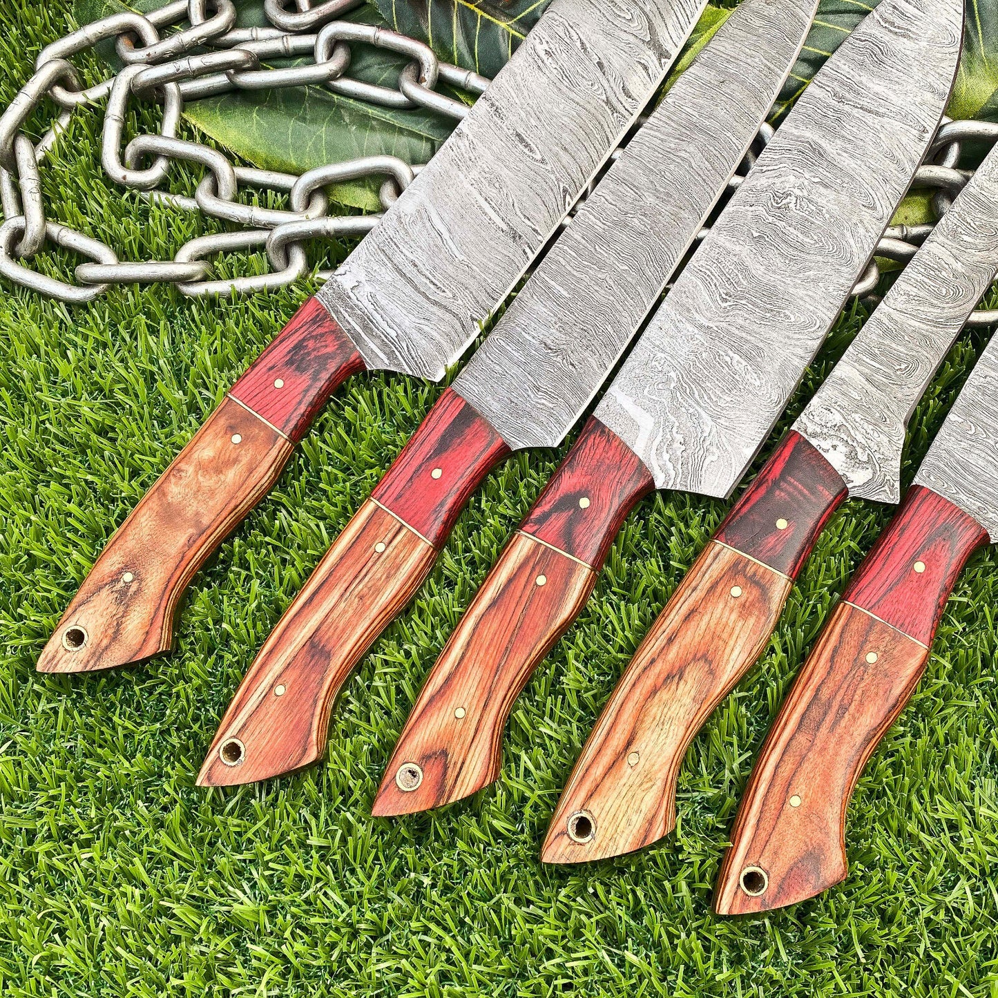 Lot of 5 Handmade Damascus Steel Full Tang Chef Knife Set – Premium Hardwood Handle