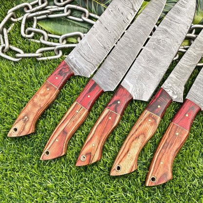 Lot of 5 Handmade Damascus Steel Full Tang Chef Knife Set – Premium Hardwood Handle