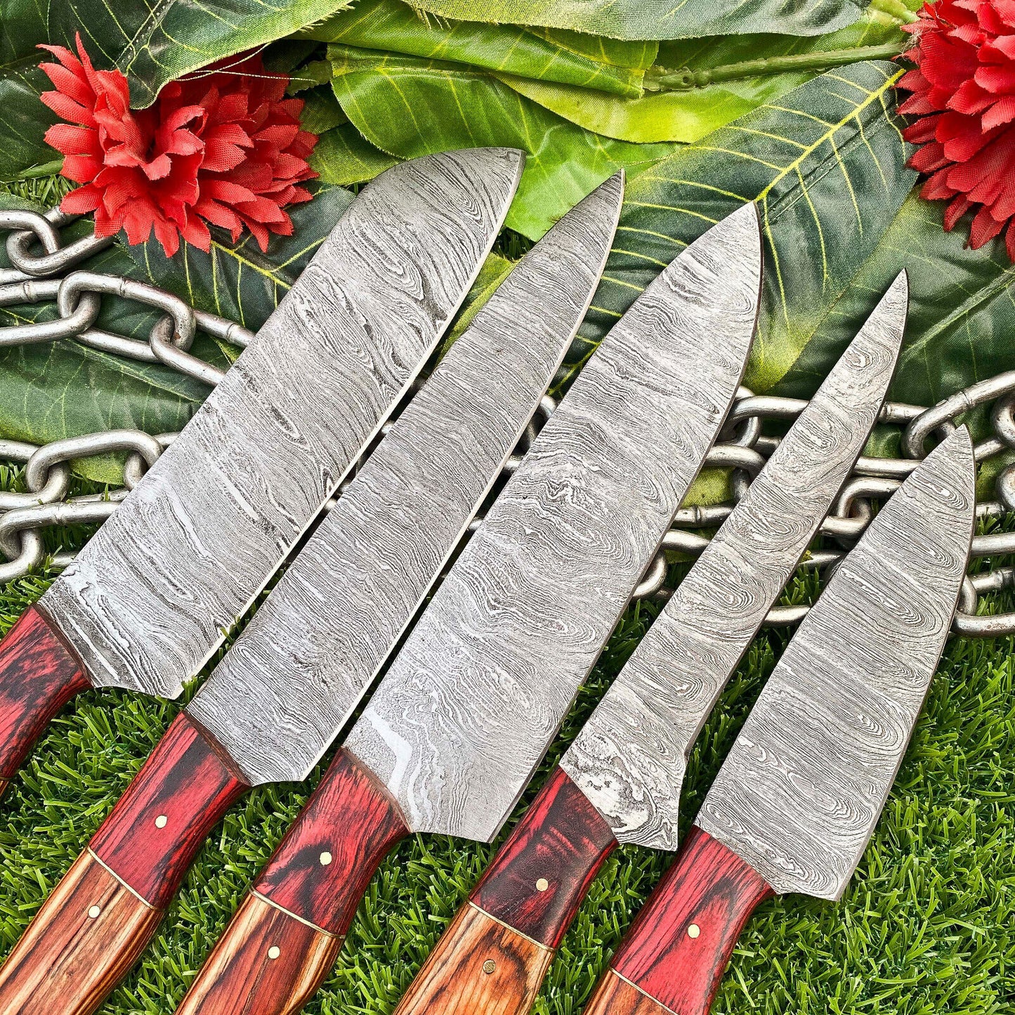 Lot of 5 Handmade Damascus Steel Full Tang Chef Knife Set – Premium Hardwood Handle