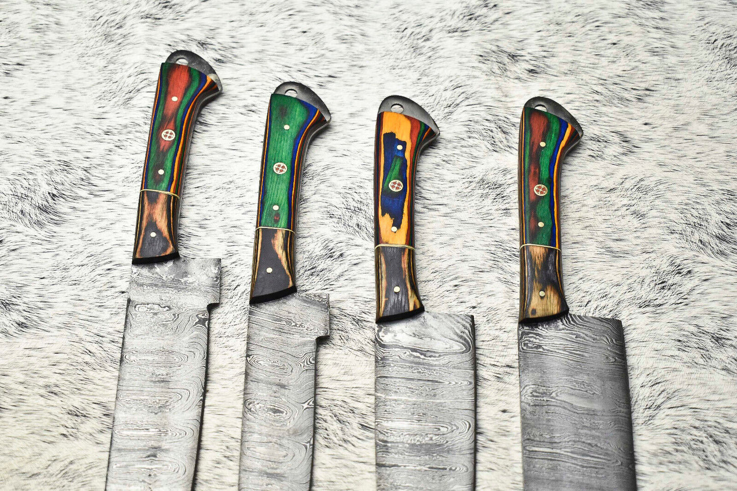 Stunning Custom Lot Of 4 Handmade Damascus Steel Blade Chef Set Knife