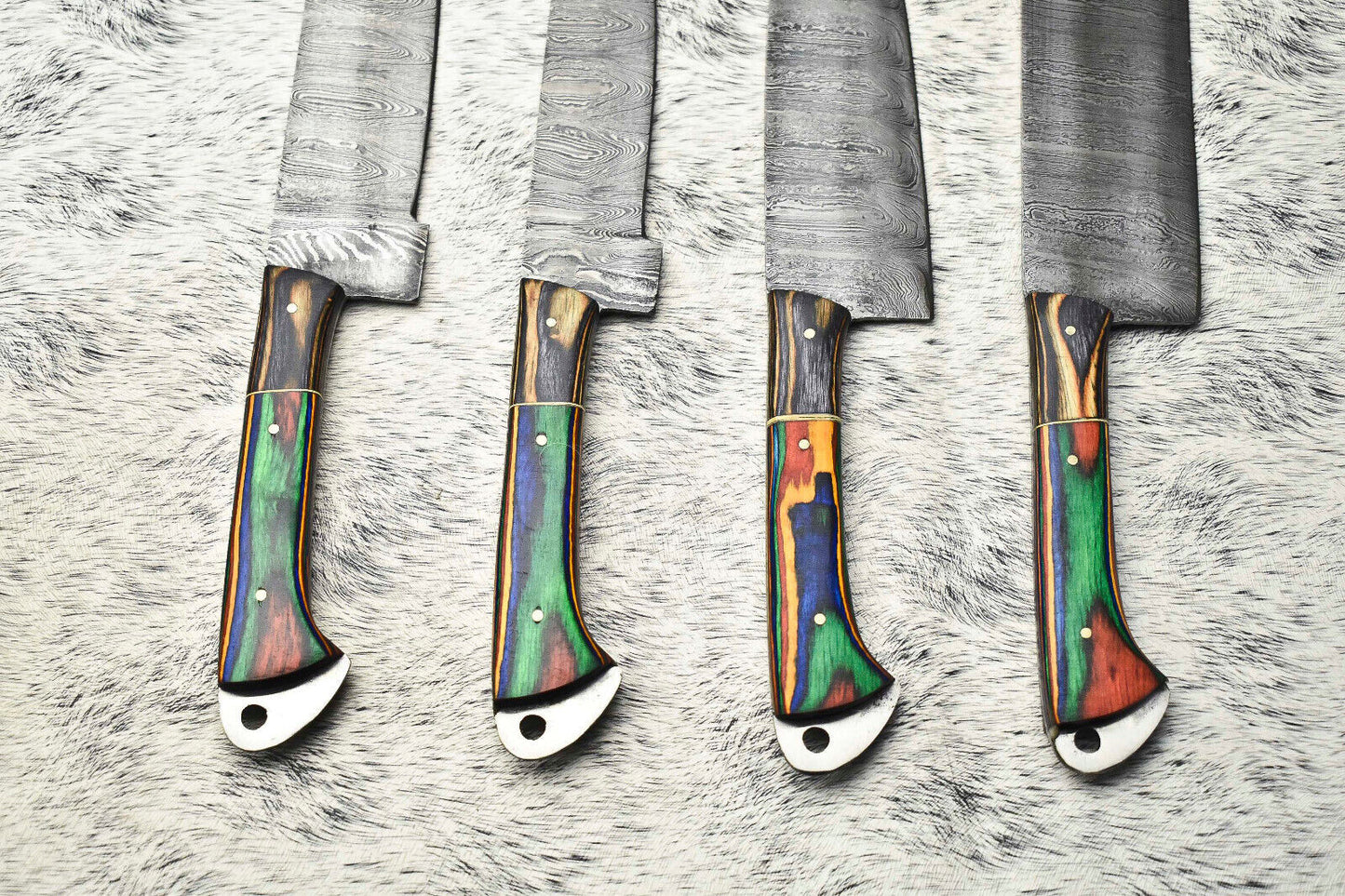 Stunning Custom Lot Of 4 Handmade Damascus Steel Blade Chef Set Knife