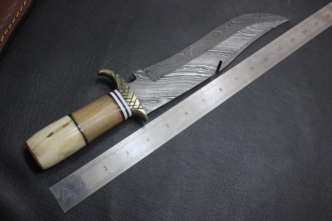13.5" Heritage Forge Damascus Steel Bowie Knife | Camel Bone & Olive Wood