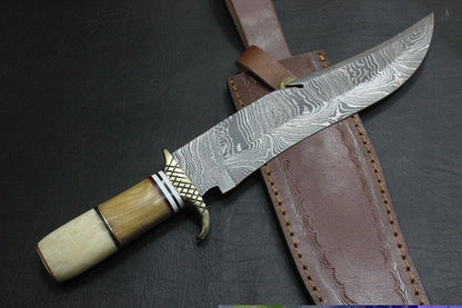 13.5" Heritage Forge Damascus Steel Bowie Knife | Camel Bone & Olive Wood