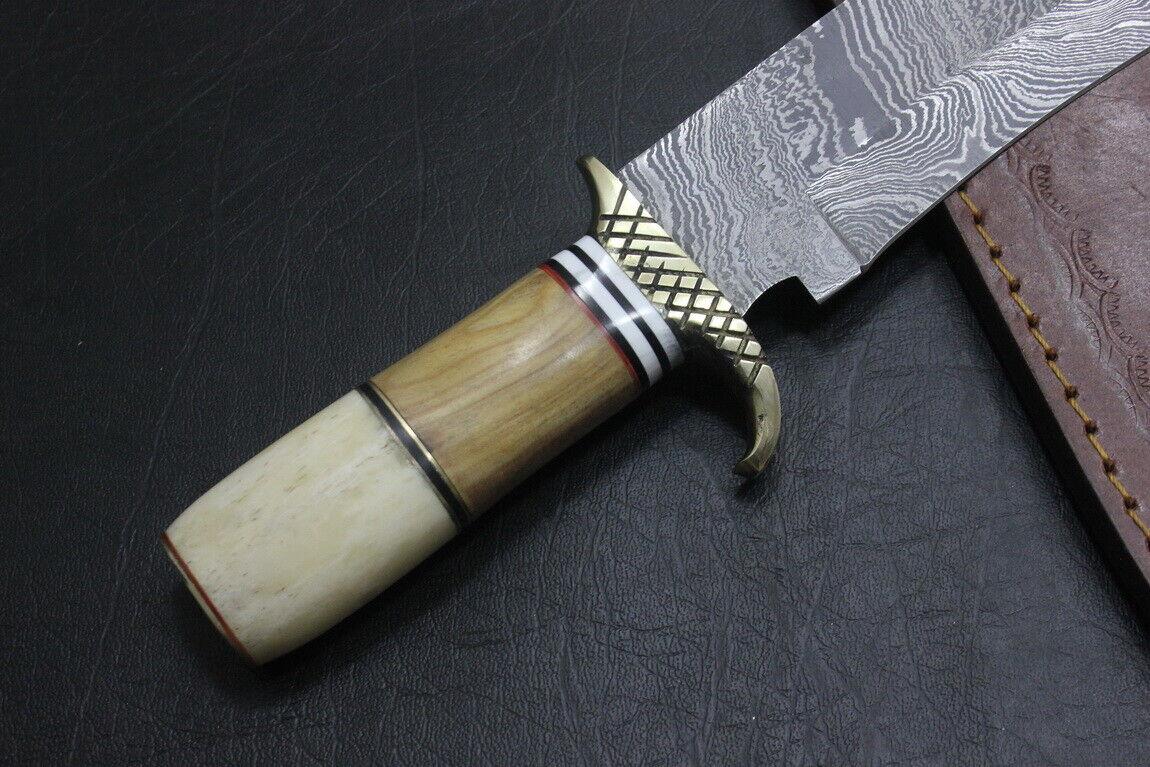 13.5" Heritage Forge Damascus Steel Bowie Knife | Camel Bone & Olive Wood