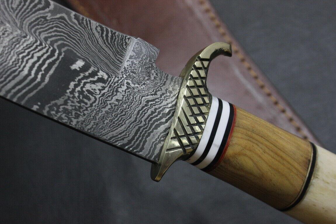 13.5" Heritage Forge Damascus Steel Bowie Knife | Camel Bone & Olive Wood
