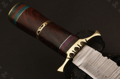 15.5 Inch Handmade Fire Damascus Steel Bowie Knife with Camel Bone Handle by Heritage Forge