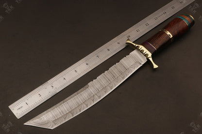 15.5 Inch Handmade Fire Damascus Steel Bowie Knife with Camel Bone Handle by Heritage Forge