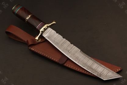 15.5 Inch Handmade Fire Damascus Steel Bowie Knife with Camel Bone Handle by Heritage Forge
