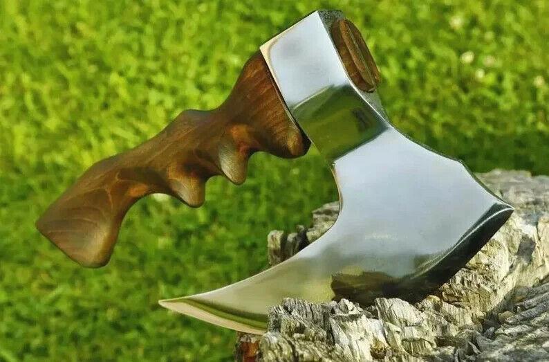 9 Inch Handmade Viking Hatchet with Stainless Steel Blade and Ash Wood Handle – Custom Engraved Meat Cutting Axe with Leather Sheath