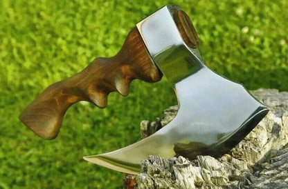 9 Inch Handmade Viking Hatchet with Stainless Steel Blade and Ash Wood Handle – Custom Engraved Meat Cutting Axe with Leather Sheath