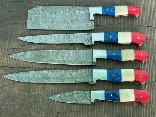 Everest 5-Piece Handmade Damascus Kitchen Knife Set – Japanese Style Chef, Cleaver, Meat & Utility Knives
