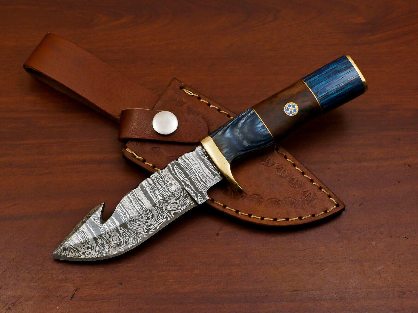 8 Inch Handmade Damascus Gut Hook Hunting Knife with Rose and Pakka Wood Handle