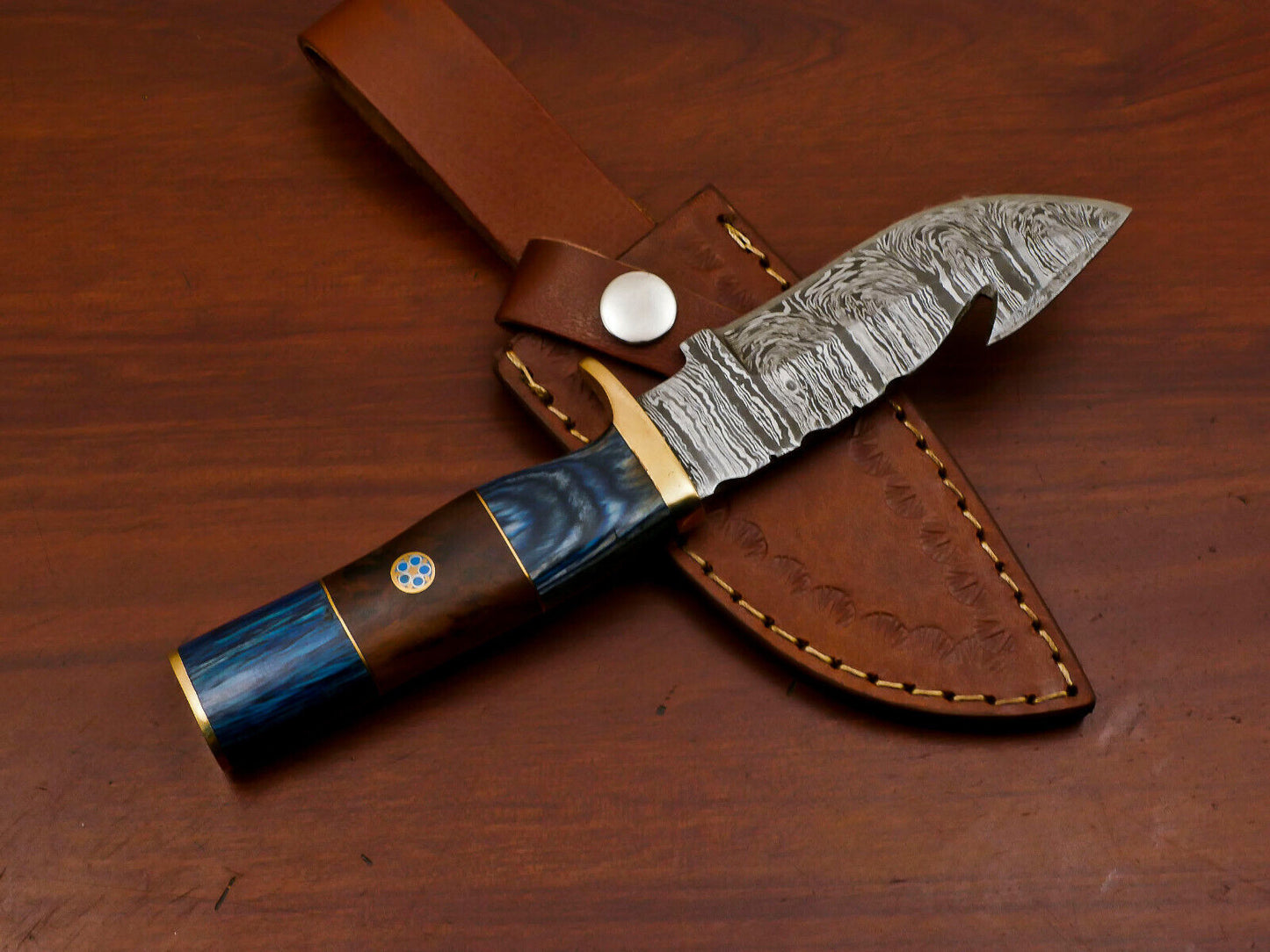 8" Damascus Gut Hook Bowie Knife – Rose & Pakka Wood Handle