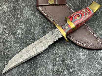 12" Damascus Steel Bowie Knife – Hardwood Handle & Leather Sheath