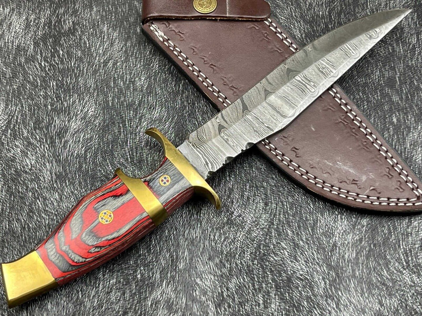 12" Damascus Steel Bowie Knife – Hardwood Handle & Leather Sheath