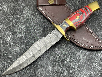 12" Damascus Steel Bowie Knife – Hardwood Handle & Leather Sheath