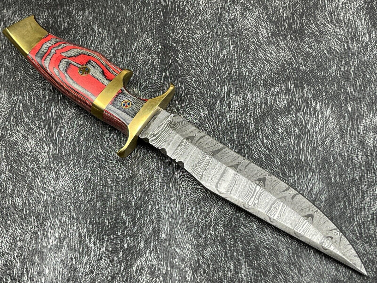 12" Damascus Steel Bowie Knife – Hardwood Handle & Leather Sheath