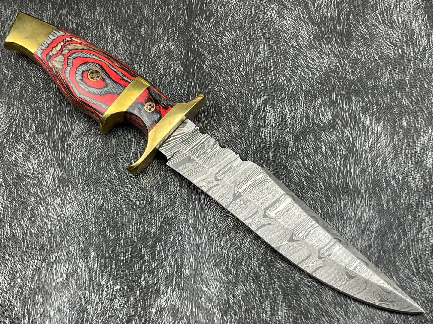 12" Damascus Steel Bowie Knife – Hardwood Handle & Leather Sheath
