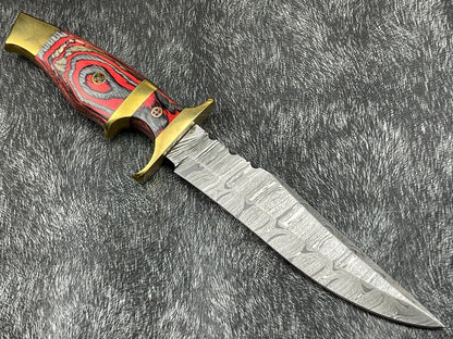 12" Damascus Steel Bowie Knife – Hardwood Handle & Leather Sheath