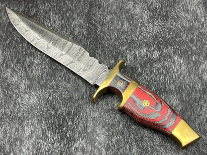 12" Damascus Steel Bowie Knife – Hardwood Handle & Leather Sheath