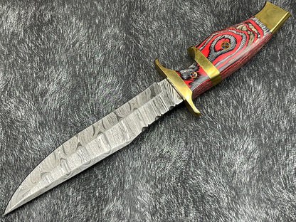 12" Damascus Steel Bowie Knife – Hardwood Handle & Leather Sheath