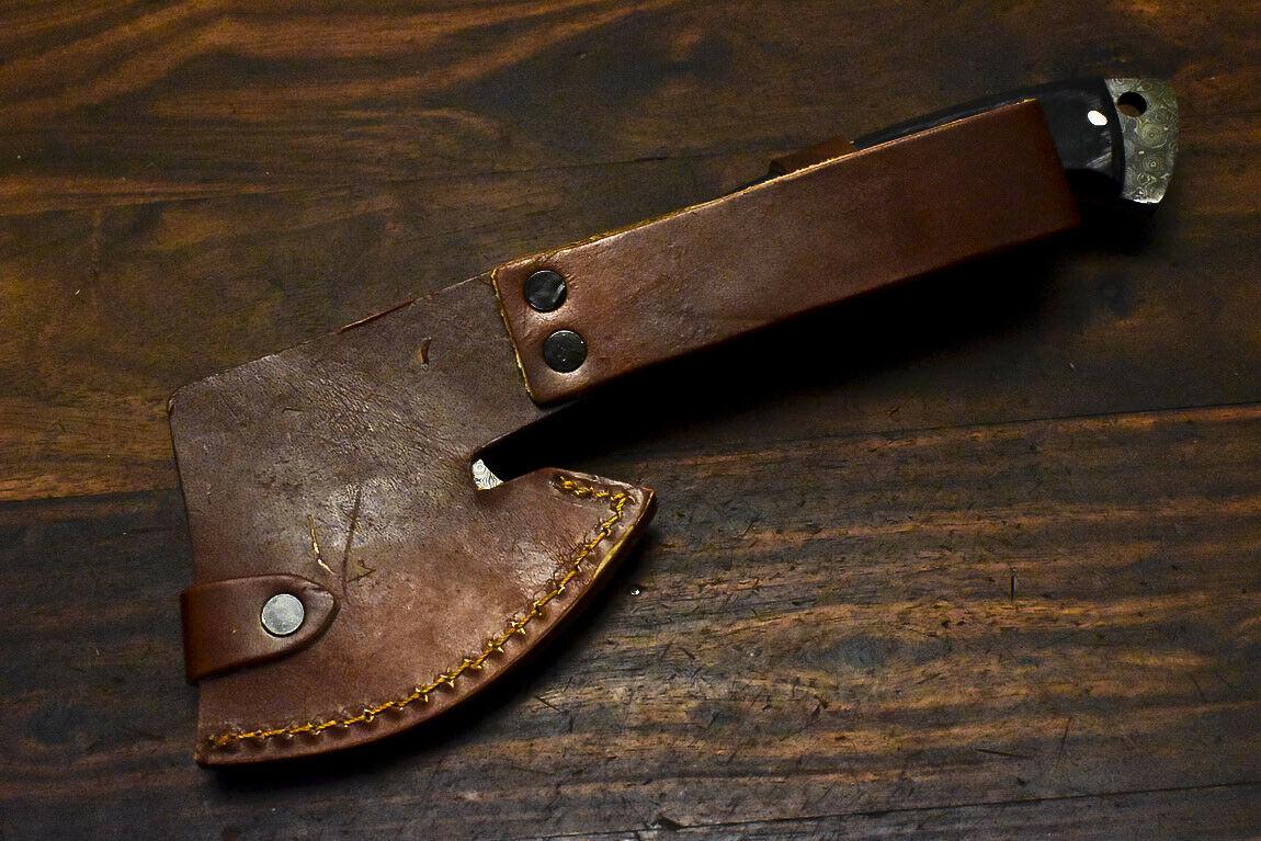Hand Made Damascus Steel Hardwood Hunting Clever Chopper Axe Knife with Leather Sheath