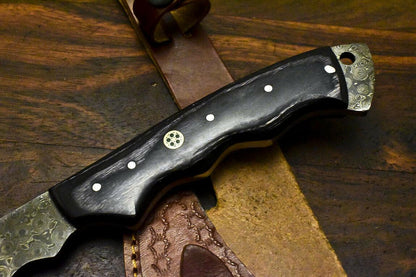 Hand Made Damascus Steel Hardwood Hunting Clever Chopper Axe Knife with Leather Sheath