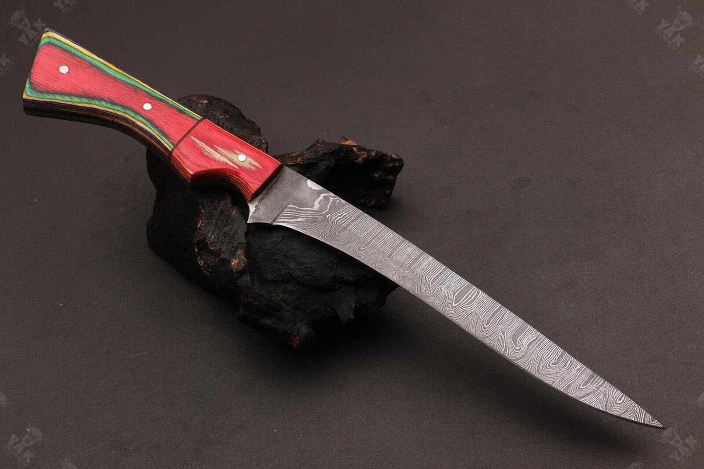 12" Custom Hand Forged Twist Damascus Fillet Knife With Pakka Wood Handle & Leather Sheath
