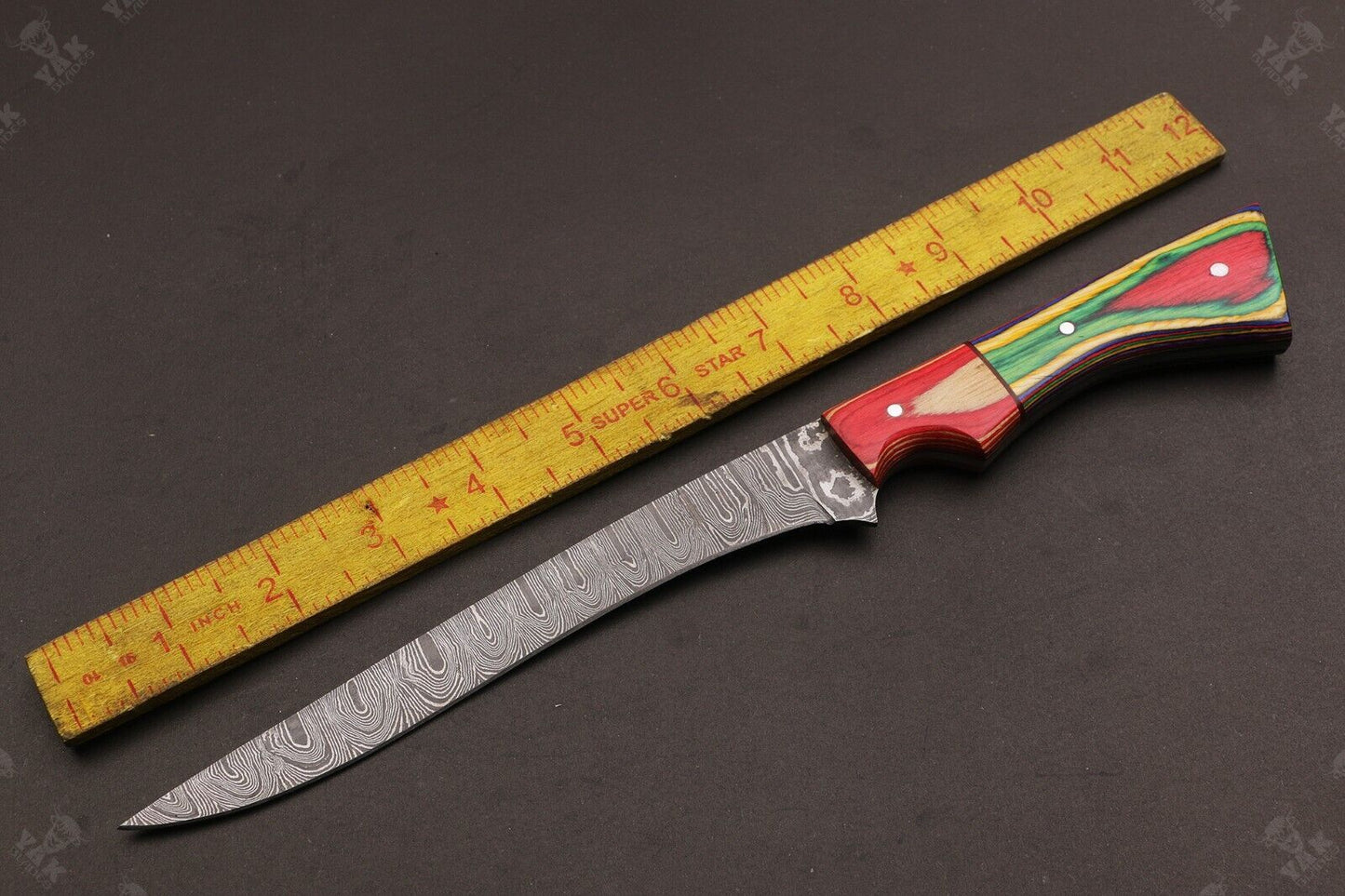12" Custom Hand Forged Twist Damascus Fillet Knife With Pakka Wood Handle & Leather Sheath