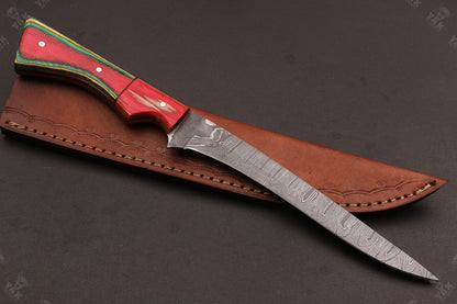 12" Custom Hand Forged Twist Damascus Fillet Knife With Pakka Wood Handle & Leather Sheath