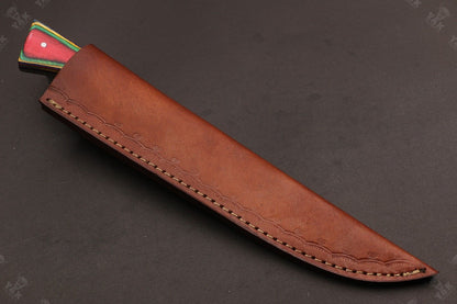 12" Custom Hand Forged Twist Damascus Fillet Knife With Pakka Wood Handle & Leather Sheath