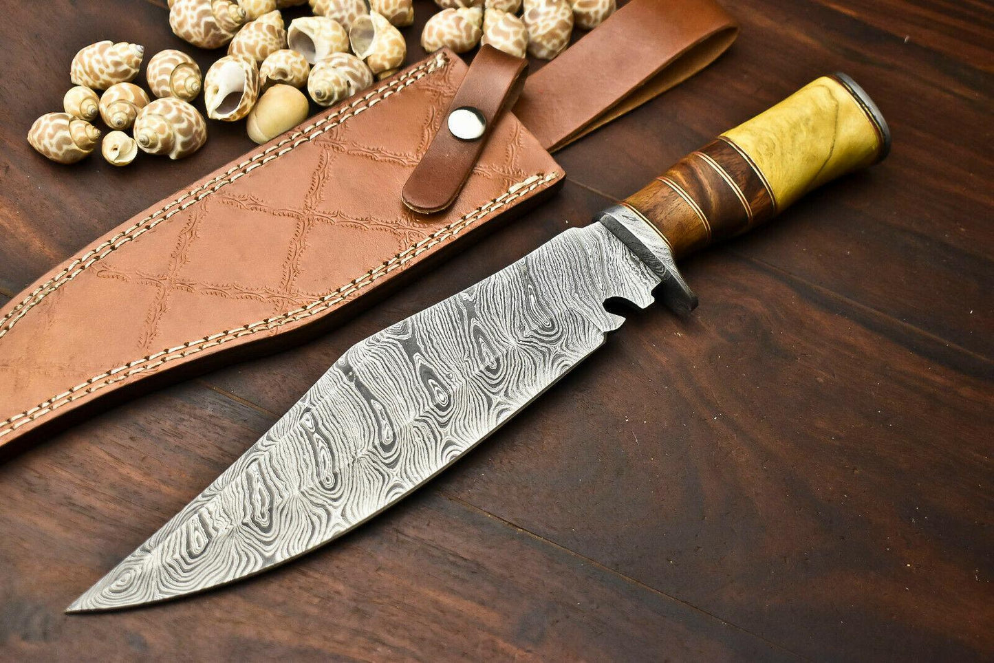 14.5" Damascus Steel Bowie Knife – Walnut Wood Handle | Handmade Hunting Blade