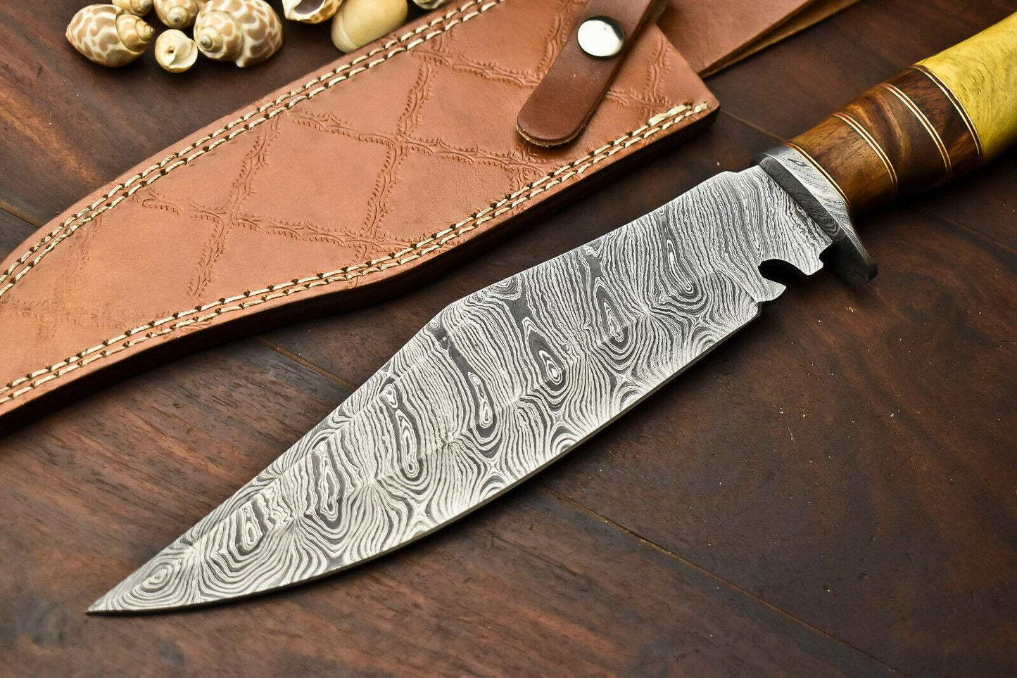 14.5" Damascus Steel Bowie Knife – Walnut Wood Handle | Handmade Hunting Blade