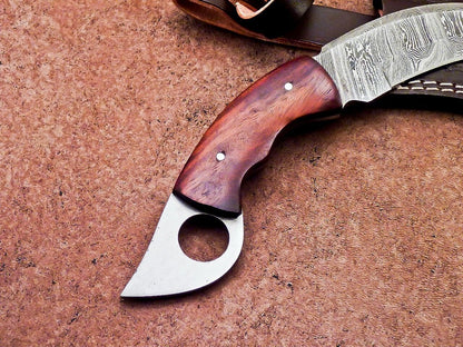 Handmade Damascus Karambit Knife Full Tang Damascus Steel Karambit with Wood Handle