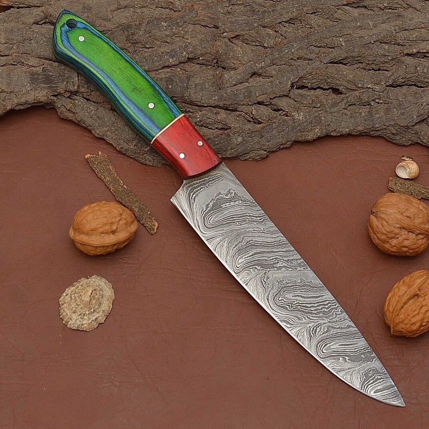 Custom Handmade Damascus Steel Chef Fillet Knife Full Tang with Pakka Wood Handle & Leather Sheath