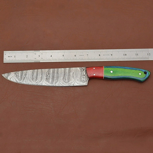 Custom Handmade Damascus Steel Chef Fillet Knife Full Tang with Pakka Wood Handle & Leather Sheath