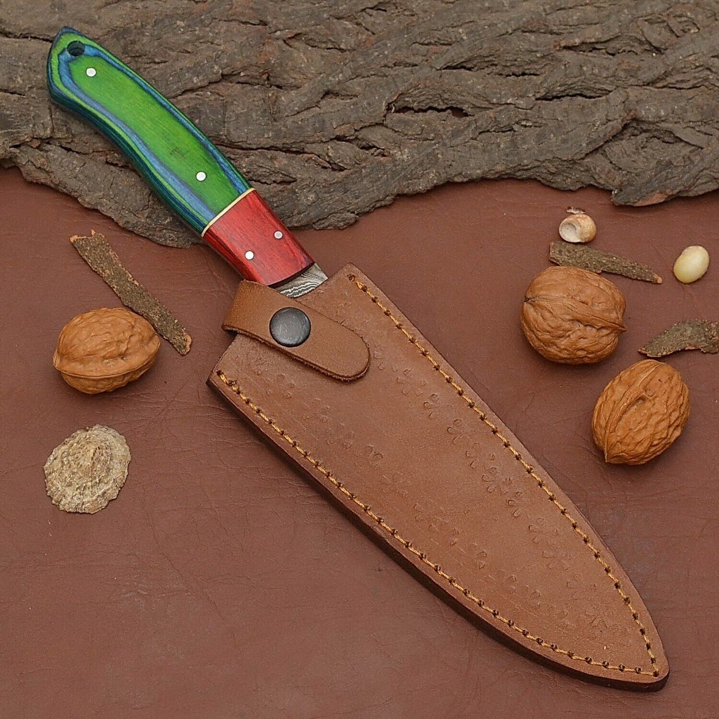 Custom Handmade Damascus Steel Chef Fillet Knife Full Tang with Pakka Wood Handle & Leather Sheath