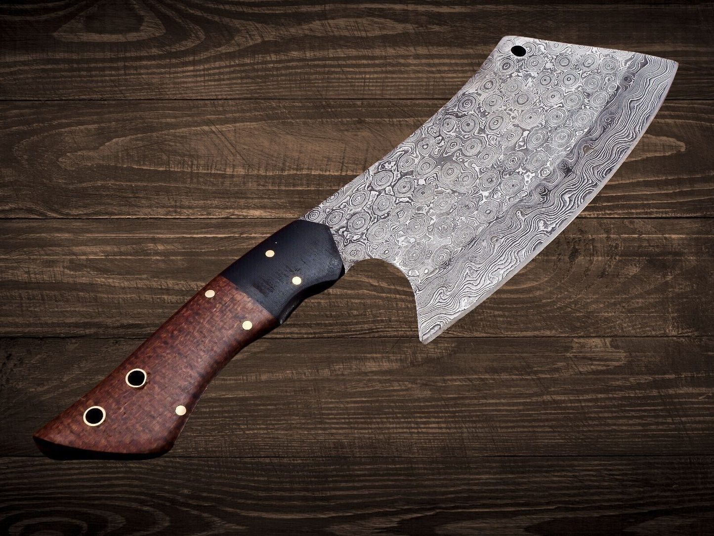 Handmade Damascus Steel Cleaver Chopper Chef Kitchen Knife with Rosewood Handle & Leather Sheath