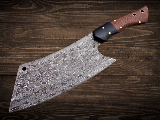 Handmade Damascus Steel Cleaver Chopper Chef Kitchen Knife with Rosewood Handle & Leather Sheath