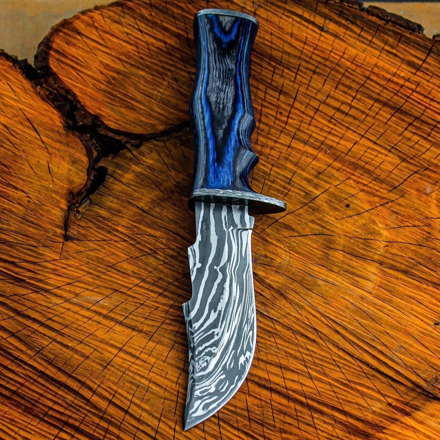 Heritage Forge 10 Inch Damascus Steel Bowie Knife with Polished Wood Handle