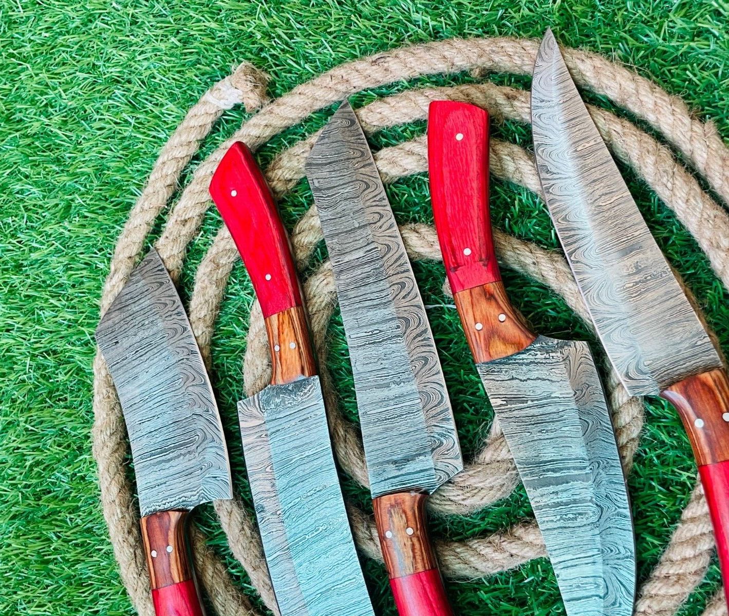 Handmade Damascus Steel 5 Knives Cutlery Chef Knife Set with Bag Kitchen