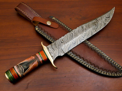 15" Damascus Bowie Knife | Camel Bone & Pakka Wood Handle