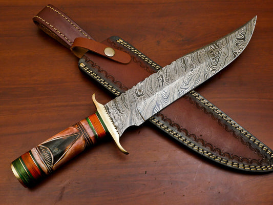 15" Damascus Bowie Knife | Camel Bone & Pakka Wood Handle