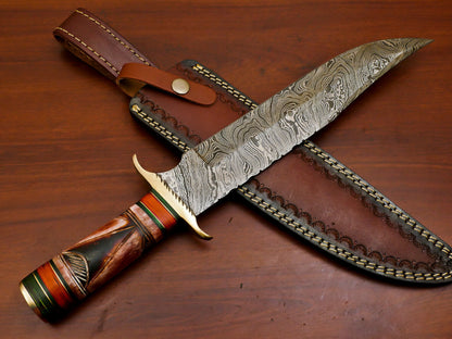 15" Damascus Bowie Knife | Camel Bone & Pakka Wood Handle