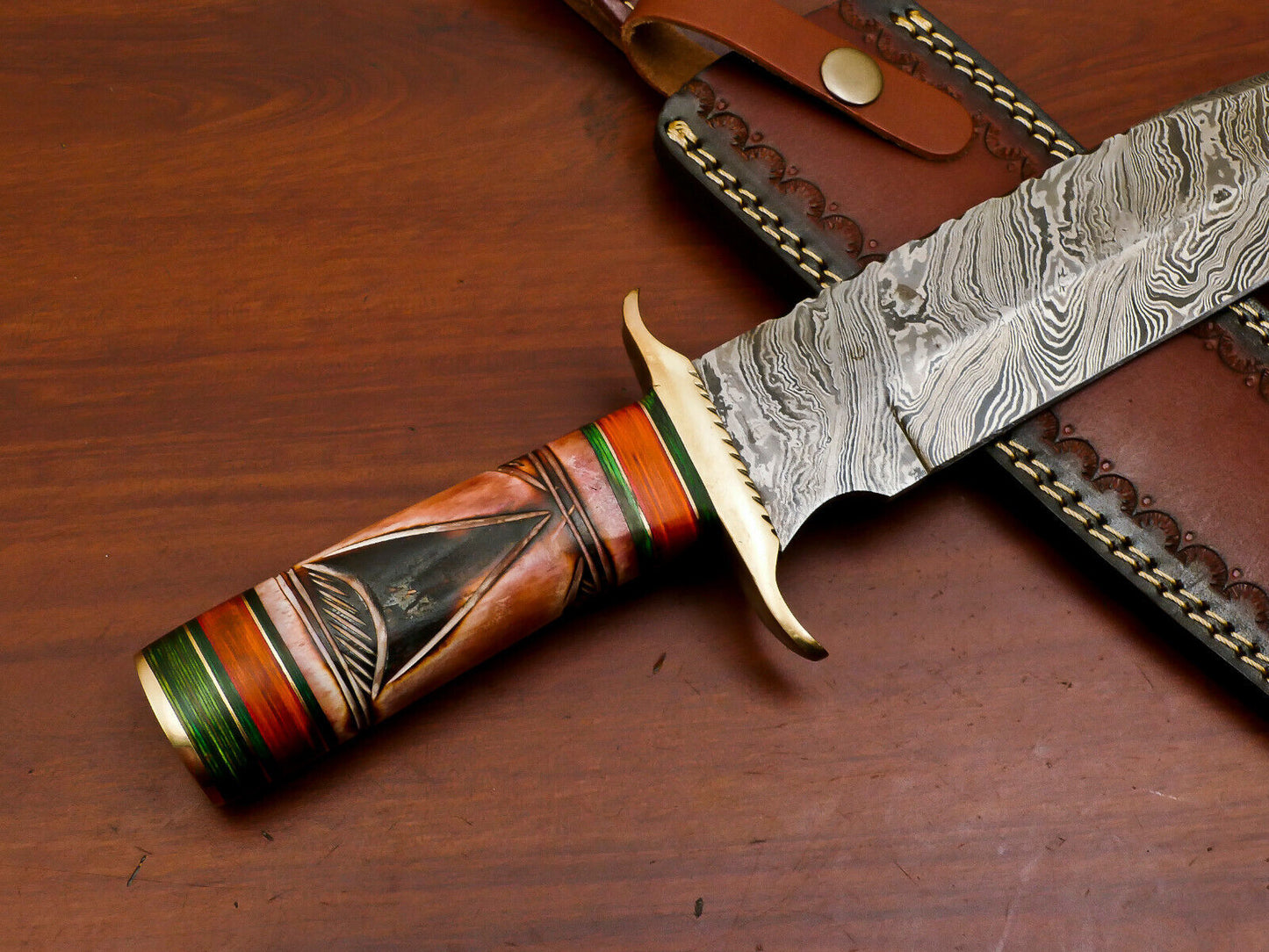 15" Damascus Bowie Knife | Camel Bone & Pakka Wood Handle