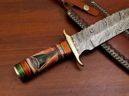 15" Damascus Bowie Knife | Camel Bone & Pakka Wood Handle