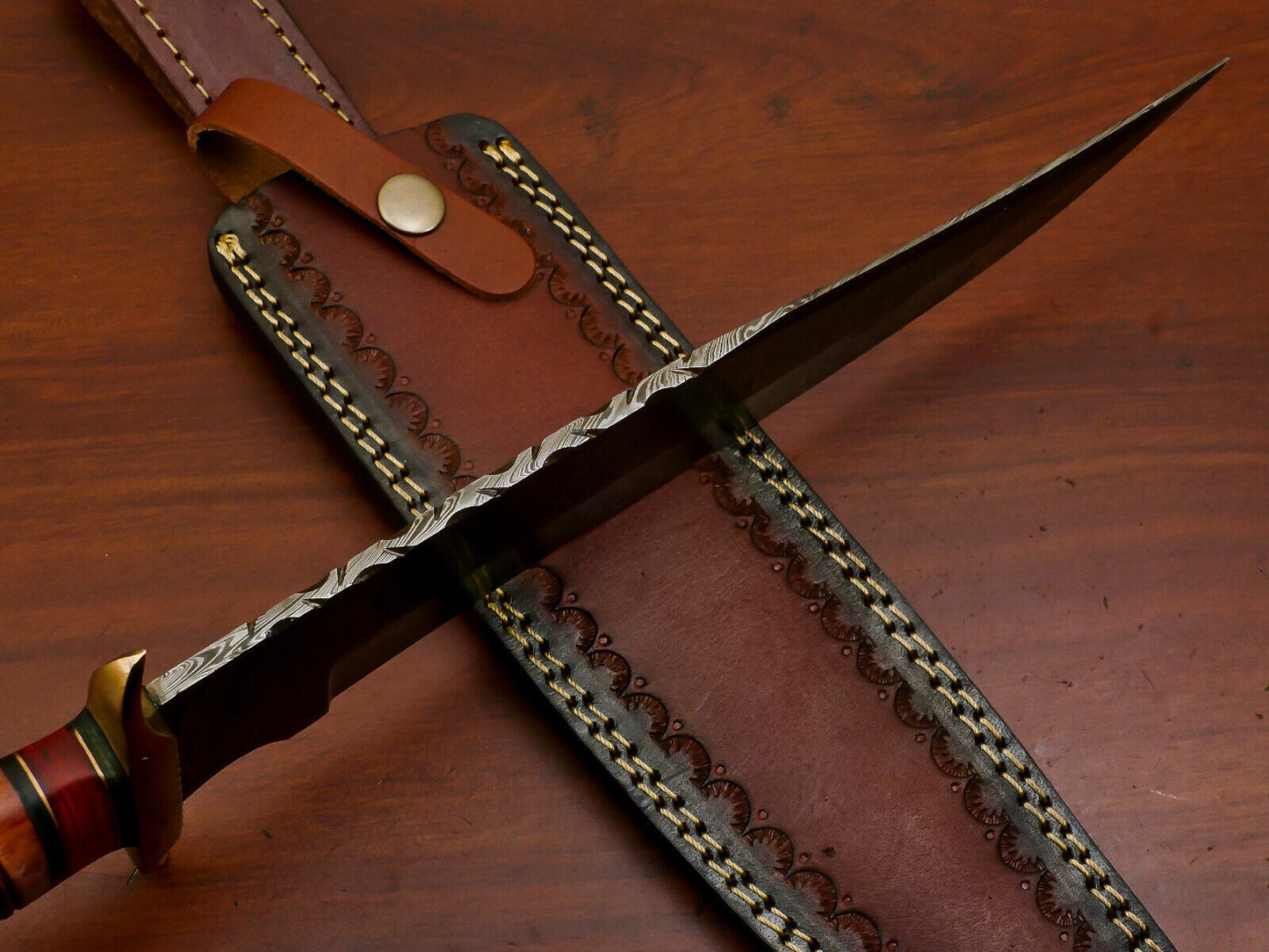 15" Damascus Bowie Knife | Camel Bone & Pakka Wood Handle